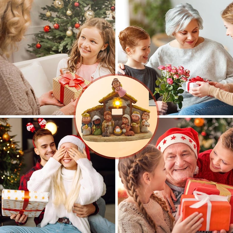 MeritMode Store مجموعة مهد الميلاد مع الطفل يسوع في المهد، مجموعة مهد صغيرة مع أضواء LED، مجموعات مهد لعيد الميلاد داخل المنزل، تماثيل دينية زخرفية مصنوعة يدويًا - Image 4