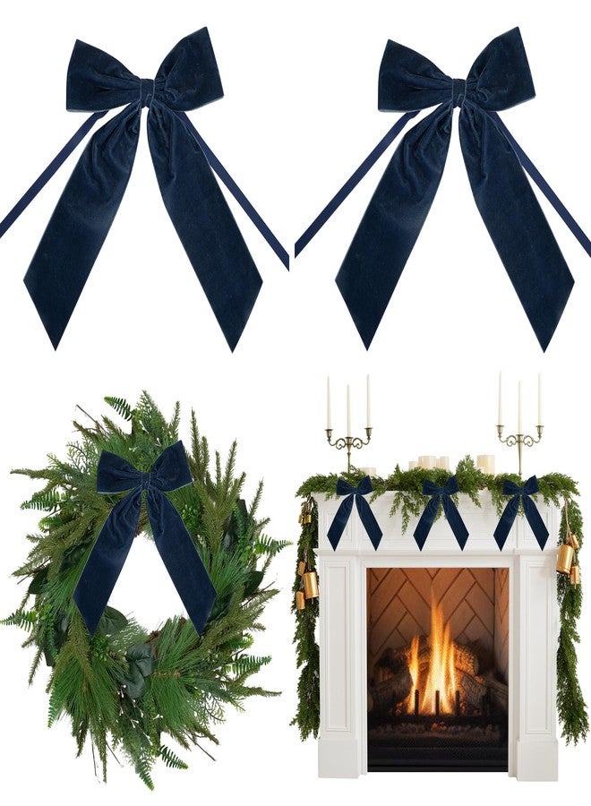 AIMUDI Navy Blue Velvet Bows 7" Premade Velvet Bows Christmas Bows for Gift Wrapping, Holiday Crafts, Wreaths, Garlands, Staircase, Home Outdoor Christmas Tree Decorations, 2 PCs - Image 1