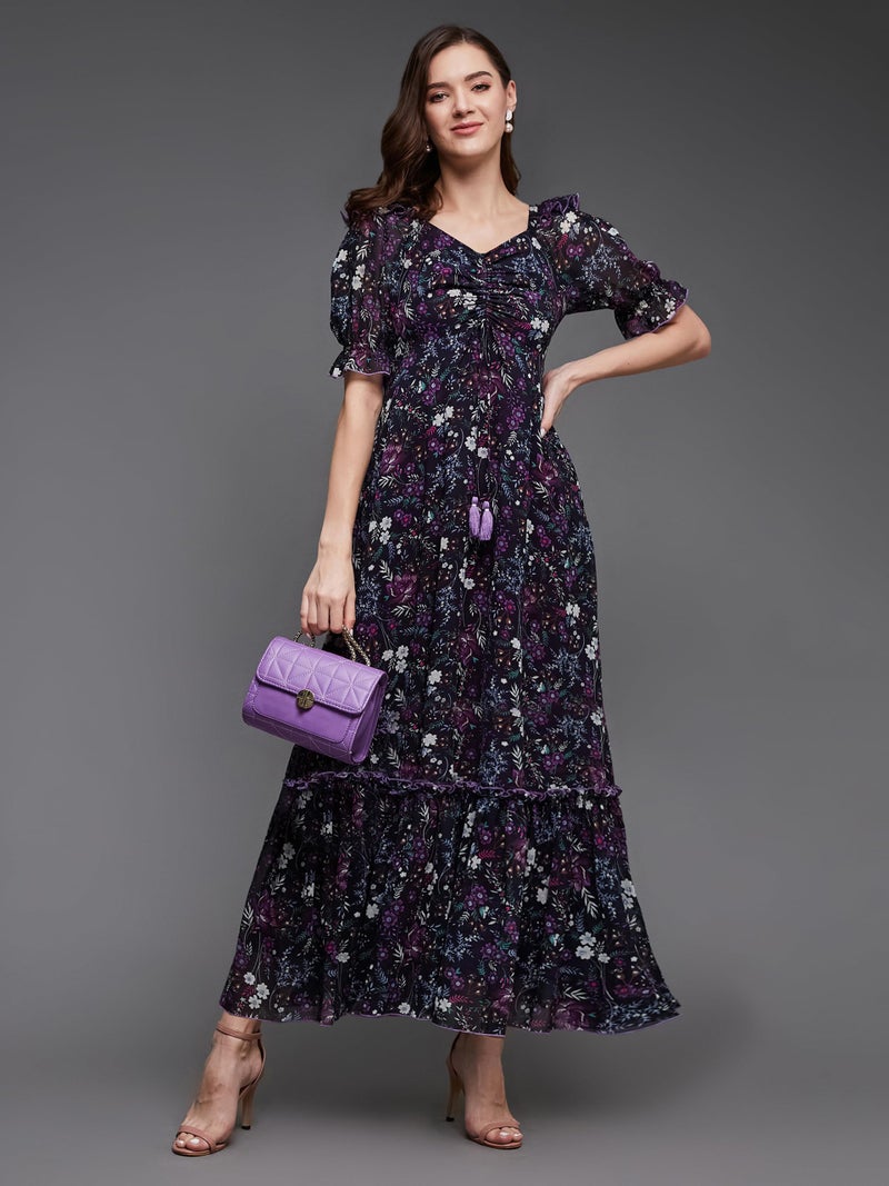 Miss Chase Women's Sweetheart Neck Puffed Sleeve Floral Ruching Georgette Maxi Dress with Pockets (MCAW21D06-35-171-05, Multicolored-Base-Black, L) - Image 2