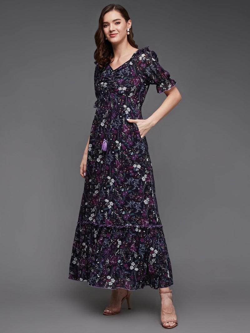 Miss Chase Women's Sweetheart Neck Puffed Sleeve Floral Ruching Georgette Maxi Dress with Pockets (MCAW21D06-35-171-05, Multicolored-Base-Black, L) - Image 3