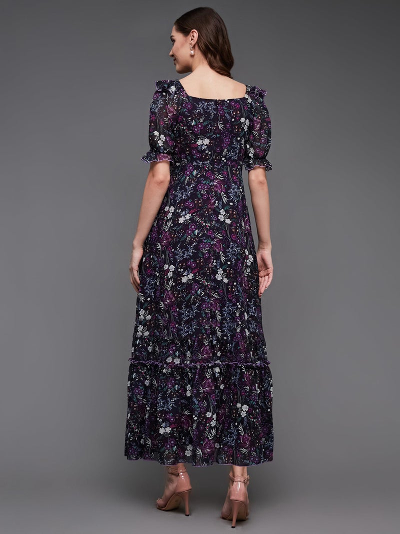 Miss Chase Women's Sweetheart Neck Puffed Sleeve Floral Ruching Georgette Maxi Dress with Pockets (MCAW21D06-35-171-05, Multicolored-Base-Black, L) - Image 4