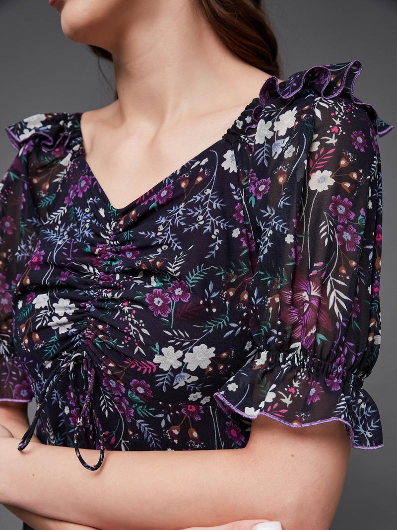 Miss Chase Women's Sweetheart Neck Puffed Sleeve Floral Ruching Georgette Maxi Dress with Pockets (MCAW21D06-35-171-05, Multicolored-Base-Black, L) - Image 5
