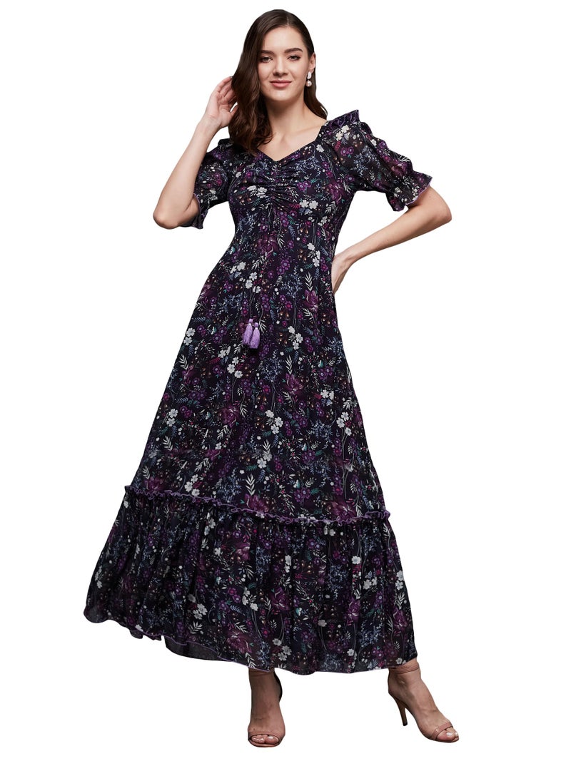 Miss Chase Women's Sweetheart Neck Puffed Sleeve Floral Ruching Georgette Maxi Dress with Pockets (MCAW21D06-35-171-05, Multicolored-Base-Black, L) - Image 1
