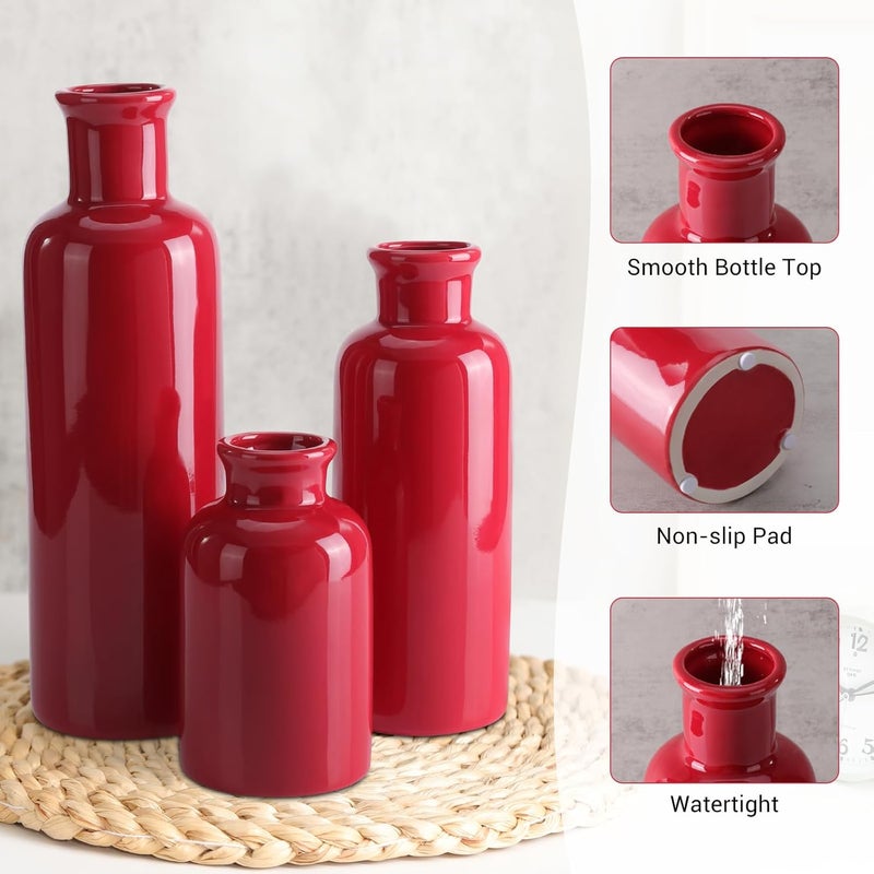 GUKJOB Small Ceramic Vase Set of 3, Boho Modern Flower Vase Room Decor, Farmhouse Decor, Vases for Your Kitchen, Bathroom, Bedroom, Living Room, Office&Shelf Centerpiece Table Decorations, Red - Image 5