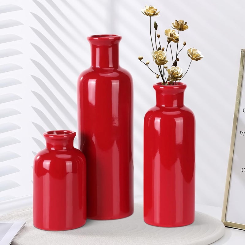 GUKJOB Small Ceramic Vase Set of 3, Boho Modern Flower Vase Room Decor, Farmhouse Decor, Vases for Your Kitchen, Bathroom, Bedroom, Living Room, Office&Shelf Centerpiece Table Decorations, Red - Image 4