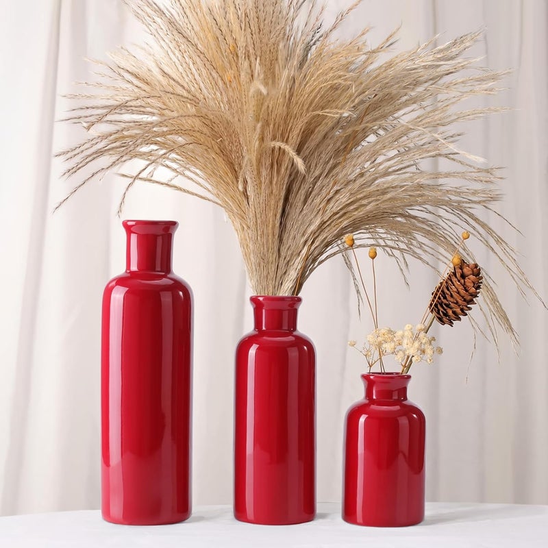 GUKJOB Small Ceramic Vase Set of 3, Boho Modern Flower Vase Room Decor, Farmhouse Decor, Vases for Your Kitchen, Bathroom, Bedroom, Living Room, Office&Shelf Centerpiece Table Decorations, Red - Image 2