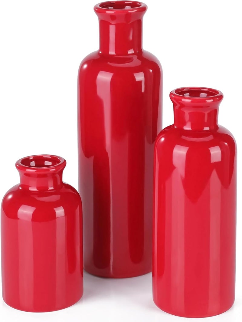 GUKJOB Small Ceramic Vase Set of 3, Boho Modern Flower Vase Room Decor, Farmhouse Decor, Vases for Your Kitchen, Bathroom, Bedroom, Living Room, Office&Shelf Centerpiece Table Decorations, Red - Image 1
