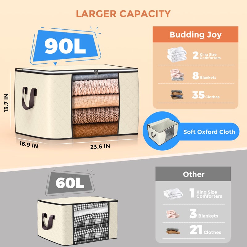 Budding Joy 90 L Large Storage Bags, 6 Pack Clothes Storage Bins Foldable Closet Organizers Storage Containers with Reinforced Handle for Clothing, Blanket, Comforters, Bed Sheets, Pillows and Toys (Beige) - Image 2