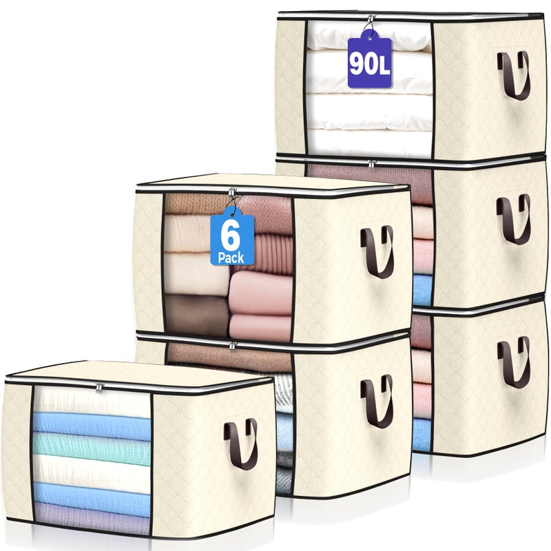 Budding Joy 90 L Large Storage Bags, 6 Pack Clothes Storage Bins Foldable Closet Organizers Storage Containers with Reinforced Handle for Clothing, Blanket, Comforters, Bed Sheets, Pillows and Toys (Beige) - Image 1