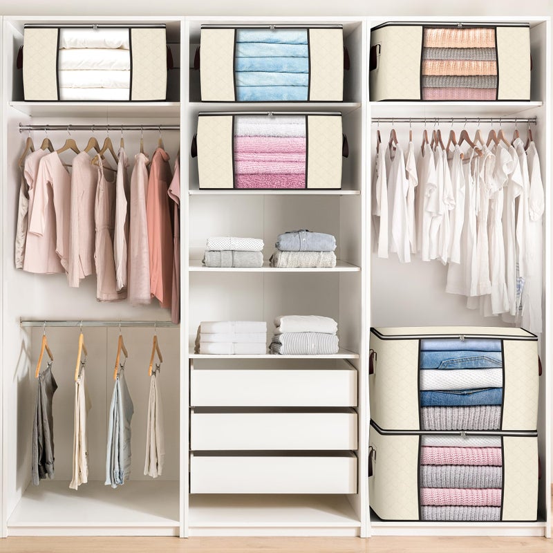 Budding Joy 90 L Large Storage Bags, 6 Pack Clothes Storage Bins Foldable Closet Organizers Storage Containers with Reinforced Handle for Clothing, Blanket, Comforters, Bed Sheets, Pillows and Toys (Beige) - Image 5