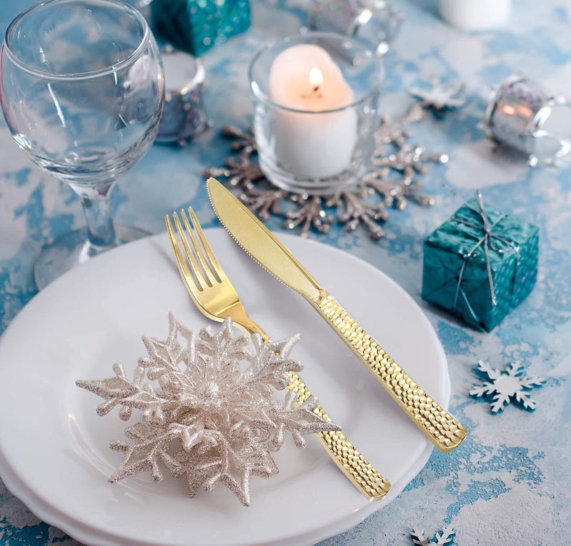Supernal 300pcs Gold Plastic Forks Disposable Hammered Forks Premium Heavyweight Silverware Polished Perfect for Big Party Christmas Party Silverware - Image 5