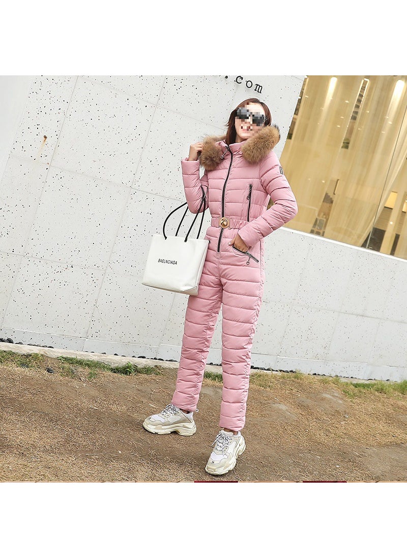 Generic - 2022 Winter Womens Hooded Ski Jumpsuit Thickened Warm Pink - Image 1