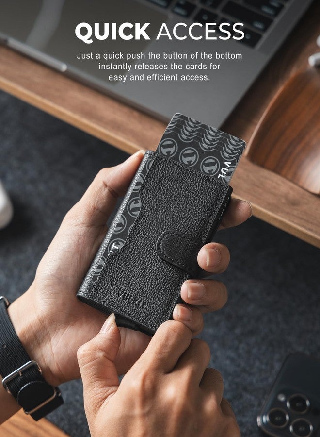 VULKIT Slim Bifold Pop up Wallet Minimalist Leather Card Holder RFID Blocking Metal Card Case with ID Window for Women (Top Genuine Black) - Image 3