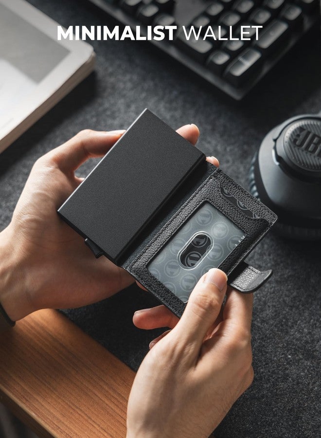 VULKIT Slim Bifold Pop up Wallet Minimalist Leather Card Holder RFID Blocking Metal Card Case with ID Window for Women (Top Genuine Black) - Image 5