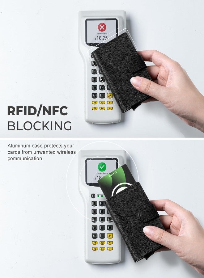 VULKIT Slim Bifold Pop up Wallet Minimalist Leather Card Holder RFID Blocking Metal Card Case with ID Window for Women (Top Genuine Black) - Image 4