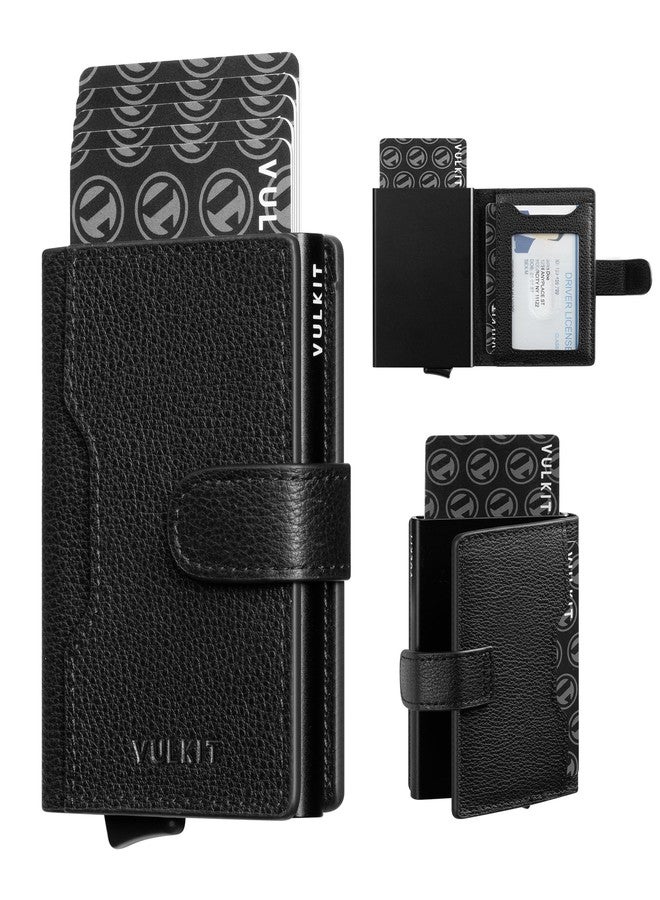 VULKIT Slim Bifold Pop up Wallet Minimalist Leather Card Holder RFID Blocking Metal Card Case with ID Window for Women (Top Genuine Black) - Image 1
