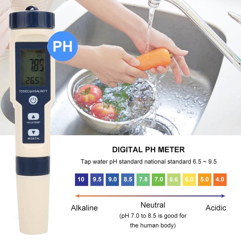 5 in 1 Digital PH Meter, Plastic Portable Digital PH Salinity Temp Meter, Multifunctional Water PH Temp Meter, PH Salinity Meter for Household Drinking - Image 3