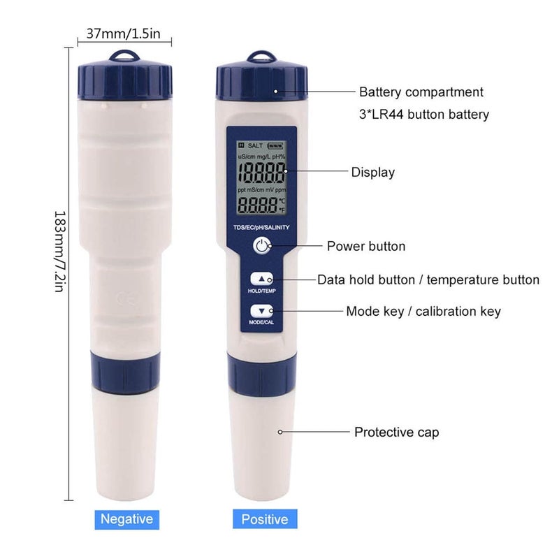5 in 1 Digital PH Meter, Plastic Portable Digital PH Salinity Temp Meter, Multifunctional Water PH Temp Meter, PH Salinity Meter for Household Drinking - Image 2