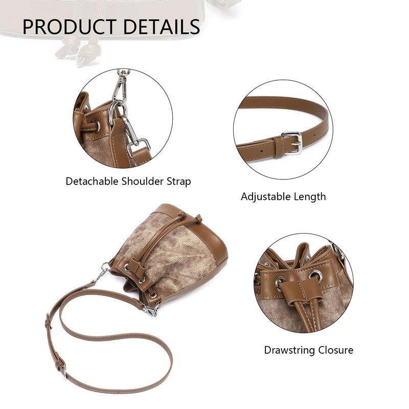 YONBEN Drawstring Bucket Bag PU Crossbody Bag for Women Denim Blue Stylish Bucket Purses (Toffee Brown) - Image 5