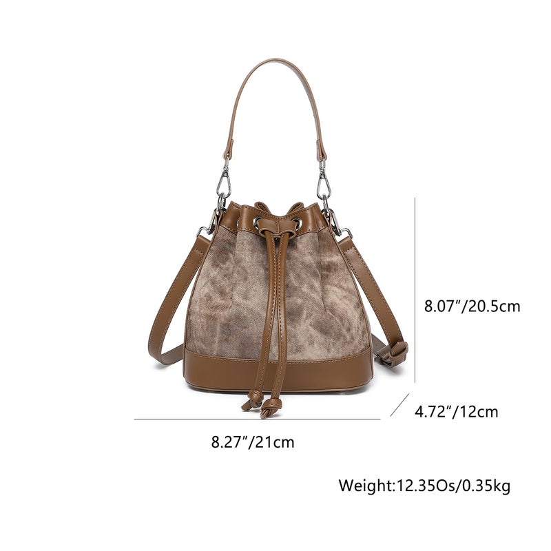 YONBEN Drawstring Bucket Bag PU Crossbody Bag for Women Denim Blue Stylish Bucket Purses (Toffee Brown) - Image 3