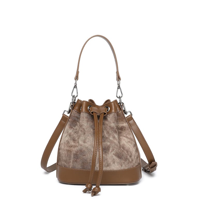 YONBEN Drawstring Bucket Bag PU Crossbody Bag for Women Denim Blue Stylish Bucket Purses (Toffee Brown) - Image 1
