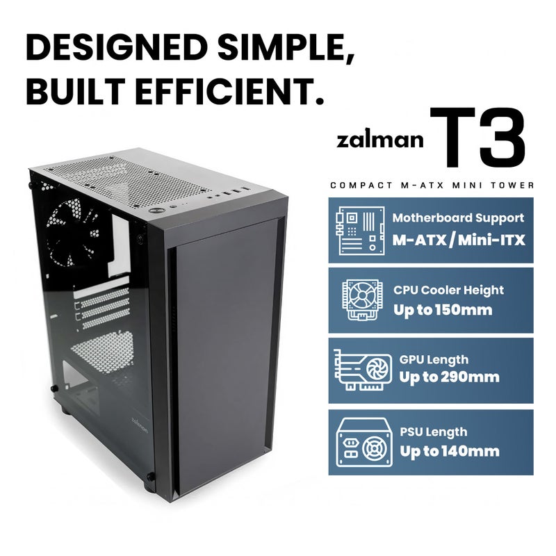 ZALMAN صندوق Zalman T3 Micro ATX، صندوق MATX مع 2 مروحة 120 مم مثبتة مسبقًا، لوحة جانبية من الزجاج المقسى بالكامل، هيكل كمبيوتر ألعاب مدمج Mini Tower مع USB 3.0 - Image 3