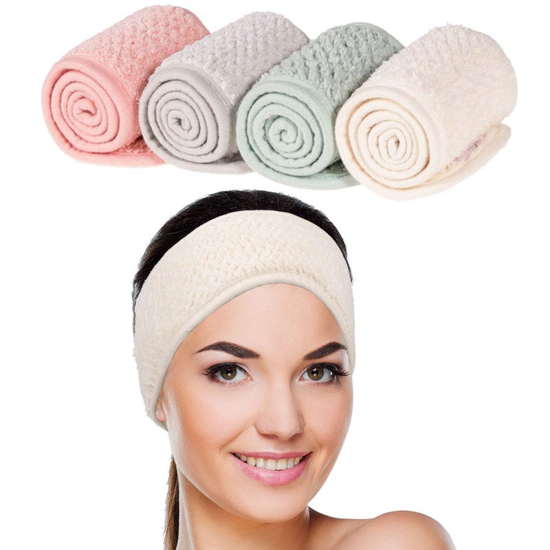 Whaline 4 Pack Spa Facial Headband Makeup Hair Wrap Adjustable Hair Band Soft Towel Head Band for Face Washing Shower Sports Yoga Pea Green Pink Beige Light Gray