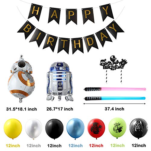 Haooryx 35PCS Galaxy Wars Birthday Party Favor Supplies for Kids, Black Series Birthday Banner Darth Vader Cake Topper Decoration Latex Balloons War Lightsaber BB8 Robot Aluminum Foil balloons - Image 3
