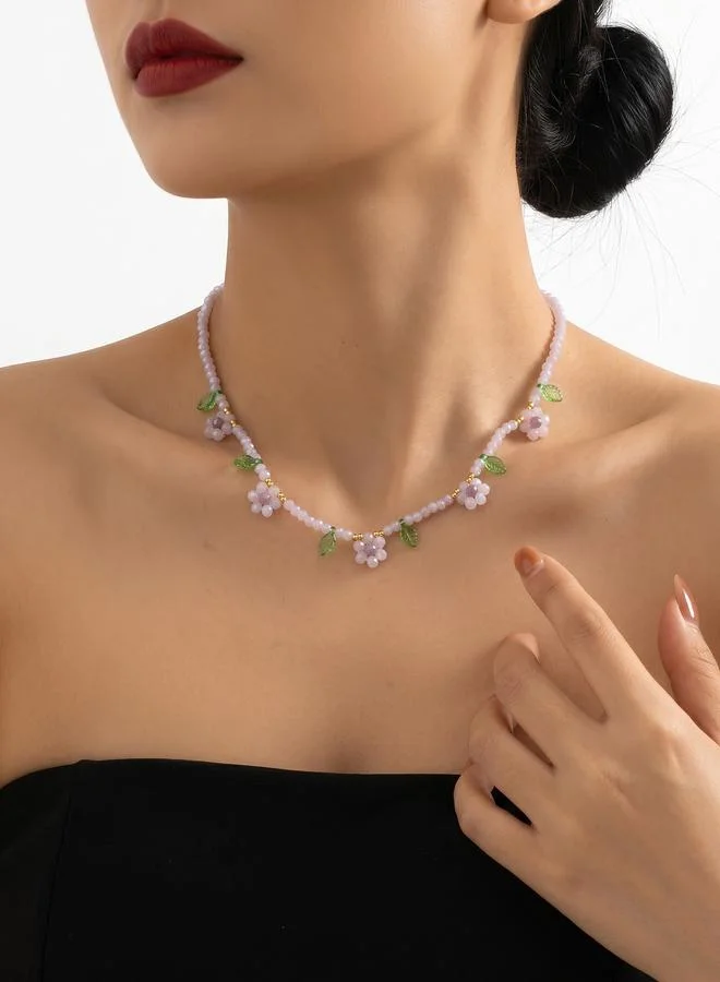 Flower and Leaf Glass Beaded Necklace