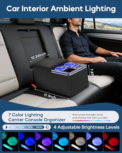 CEMOFE Upgraded Center Console, Wireless Charging Phone Holder & Cup Holders Armrest Organizer for Car Minivan Truck Van, Universal Rear Bench Seat Storage Box with 7 Modes LED Light - Image 4