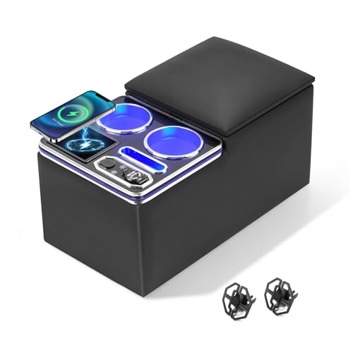 CEMOFE Upgraded Center Console, Wireless Charging Phone Holder & Cup Holders Armrest Organizer for Car Minivan Truck Van, Universal Rear Bench Seat Storage Box with 7 Modes LED Light - Image 1
