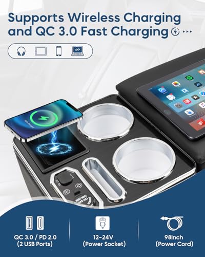 CEMOFE Upgraded Center Console, Wireless Charging Phone Holder & Cup Holders Armrest Organizer for Car Minivan Truck Van, Universal Rear Bench Seat Storage Box with 7 Modes LED Light - Image 3