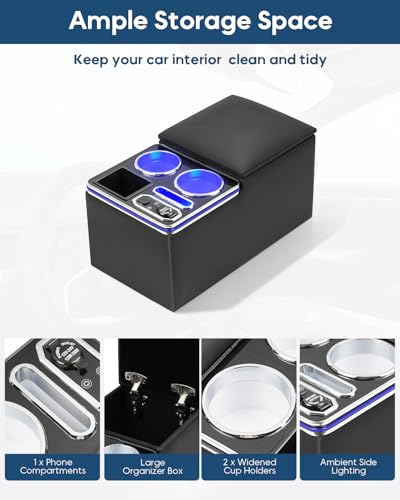 CEMOFE Upgraded Center Console, Wireless Charging Phone Holder & Cup Holders Armrest Organizer for Car Minivan Truck Van, Universal Rear Bench Seat Storage Box with 7 Modes LED Light - Image 5