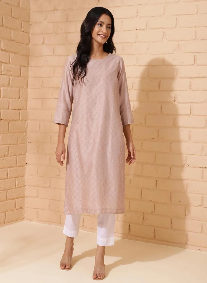 فاب انديا Beige Cotton Silk Calf Length Long Kurta