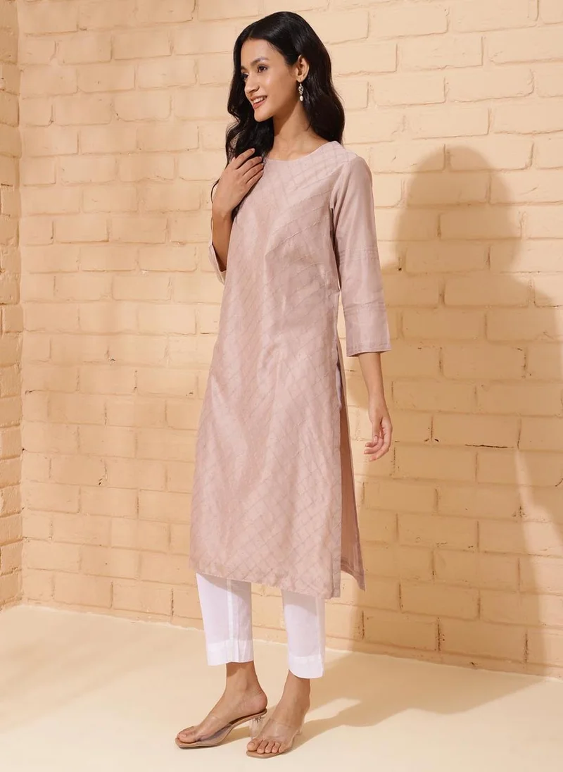 فاب انديا Beige Cotton Silk Calf Length Long Kurta