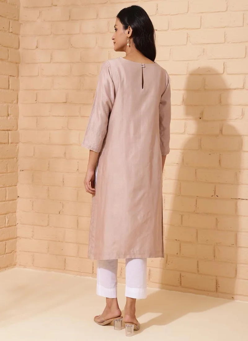 فاب انديا Beige Cotton Silk Calf Length Long Kurta