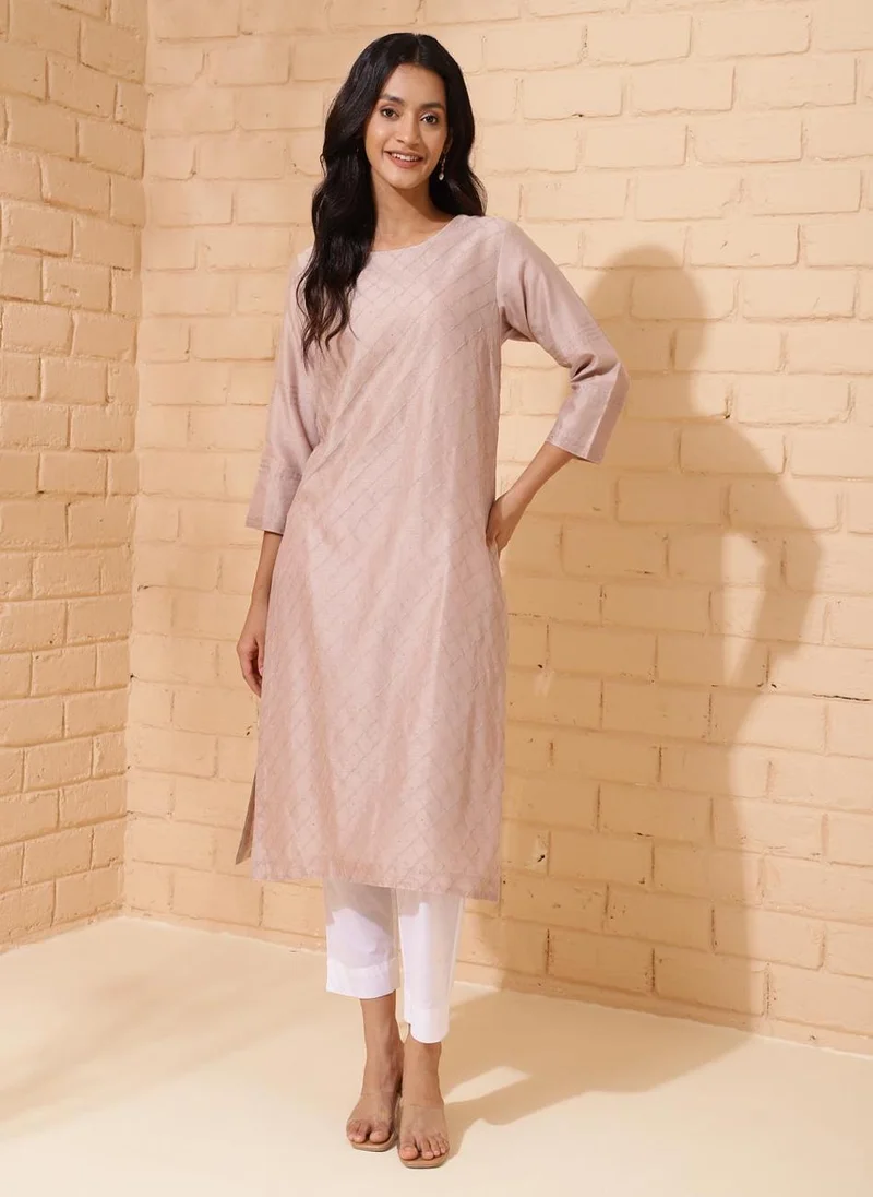 فاب انديا Beige Cotton Silk Calf Length Long Kurta