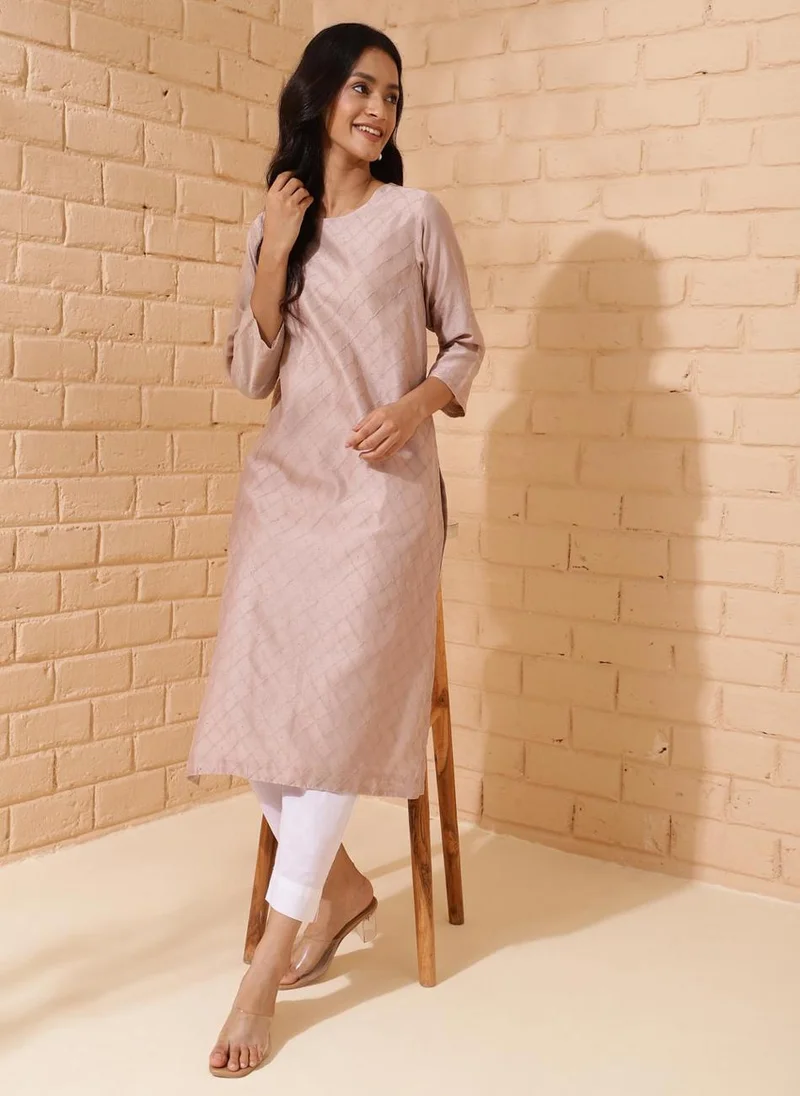 فاب انديا Beige Cotton Silk Calf Length Long Kurta