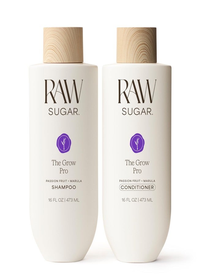 رو شوجر مجموعة العناية بالشعر Raw Sugar Grow Pro - شامبو وبلسم مع البيوتين النباتي لمكافحة ترقق الشعر وإطالة الشعر، وفاكهة الباشن فروت والمارولا لشعر أكثر كثافة، تركيبة خالية من كبريتات لوريل الصوديوم/كبريتات لوريث الصوديوم والبارابين - Image 1