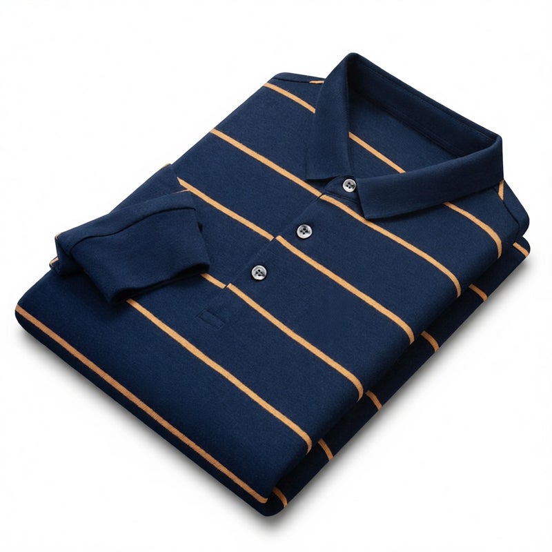 Men's Cotton Striped Long Sleeve Polo Shirt Casual Business Top