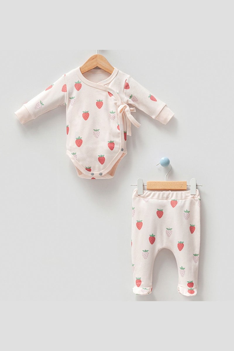 Modam Bebek By Bubbles Strawberry Patterned Front Snap Footed Pajamas Double Breasted 2-Piece Baby Girl Set