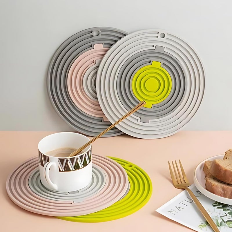 BENCI 3in1 Round Silicone Trivet Mat Drink Coaster Multipurpose for Hot Pots Dishes Bowls Cups Heat Resistant NonSlip Pad Tabletop Protection Green Pink 2 Set 20 CM - Image 3
