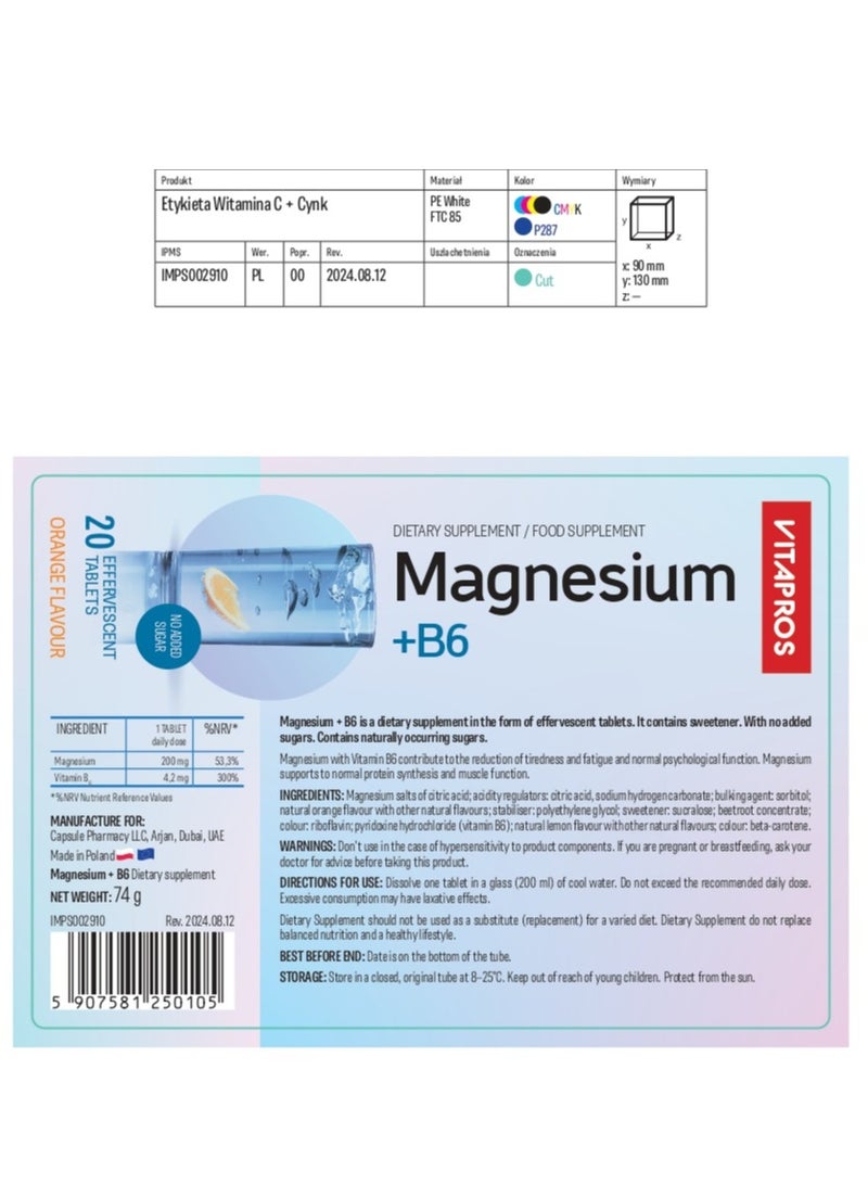 Vitapros Magnesium + B6 Effervescent Tablets - 60 Vegan, Sugar-Free, Orange Flavour Tabs - Boosts Energy, Immune Support & Overall Health - Made in EU - Image 2
