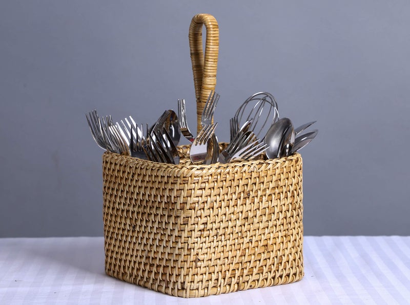 AKWAY Spoon Stand for Dining Table Chammach Stand | Wooden cutlery holder | Kitchen rack Café resto-bar tableware keeping spoons, forks, knives, tissue paper (7.5" W x 7.5" L x 5" H, Beige) - Image 1