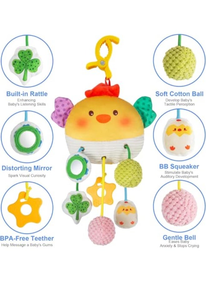 YelaJoy Car Seat Toy for Babies 0-6 Months, Stroller Toy with a Convenient clip, Carseat Toys Hanging Baby Accessories, Built-In Bell, Rattle,Squeaky, Mirror for infant, Babies Gift 0-3-6-12 months (Chicken) - Image 3