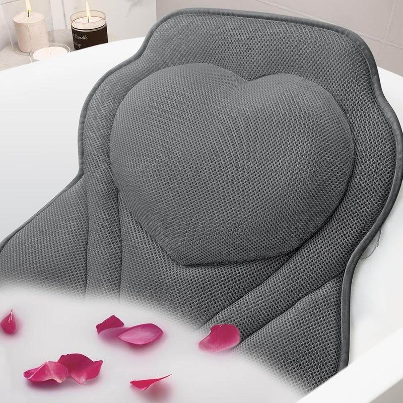 LuxStep Bath Pillow-Bathtub Pillow with Air Mesh Fabric & 6 Non-Slip Suction Cups, Bath Pillows for Tub Head, Neck and Back Support, Bath Accessories Spa Gifts, Grey