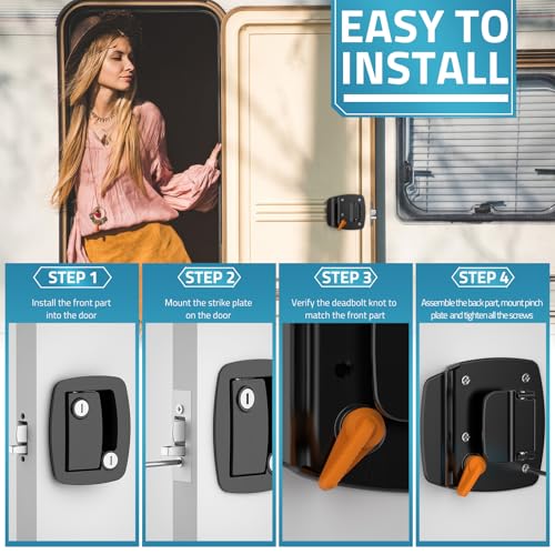 PAULINN Black RV Door Lock Replacement, Upgraded 100% Metal Door Handle Latch with Paddle Deadbolt fits Camper, Travel Trailer, Horse, Cargo Hauler 4 Keys - Image 4