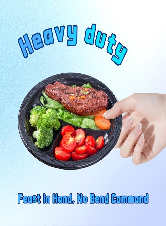 YANGRUI Reusable Plastic Plates, 9 Inch 3 Compartments 150 Pack Food Grade Material BPA Free MFPP Black Dinner Tray - Image 3