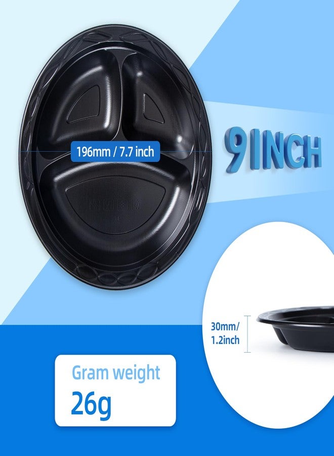 YANGRUI Reusable Plastic Plates, 9 Inch 3 Compartments 150 Pack Food Grade Material BPA Free MFPP Black Dinner Tray - Image 4