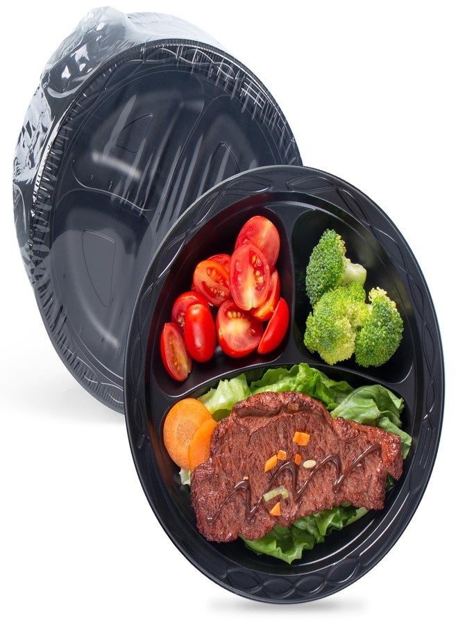YANGRUI Reusable Plastic Plates, 9 Inch 3 Compartments 150 Pack Food Grade Material BPA Free MFPP Black Dinner Tray - Image 1